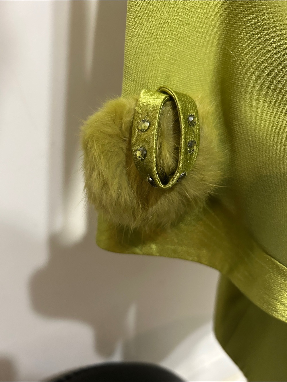 Milano Chartreuse Women's  Set Blazer with Satin Trim and Pom Accents and Skirt - Picture 4 of 10